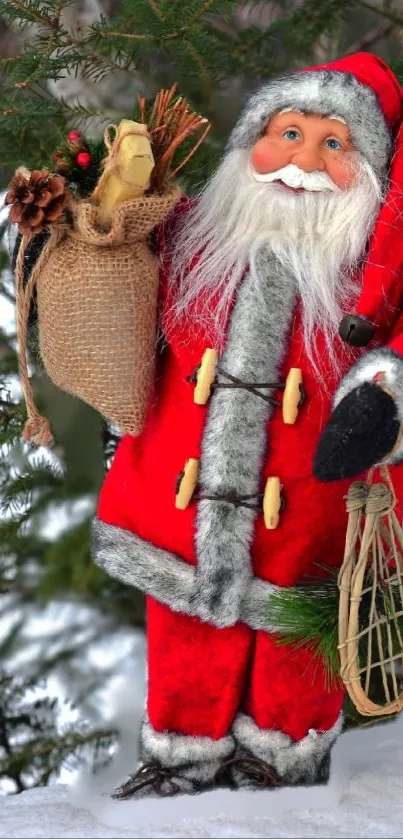 Santa Claus in red suit with christmas tree and gifts, festive holiday scene.