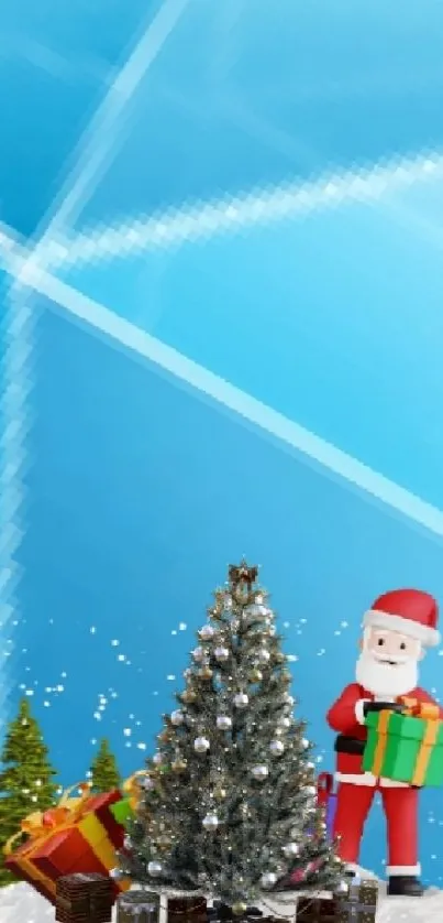 Santa with gifts next to Christmas tree on blue festive background.