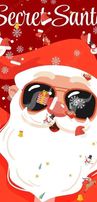 Cheerful Santa Claus in sunglasses with festive red background.