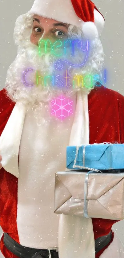 Santa Claus with gifts and neon Merry Christmas text.