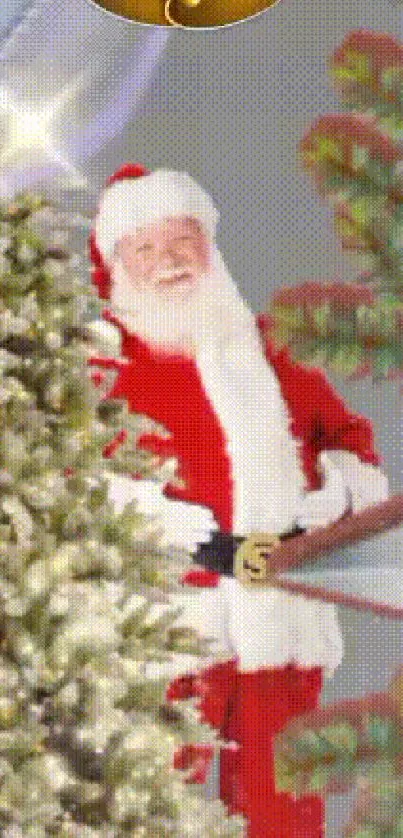 Santa Claus in festive holiday setting with Christmas trees and bells.