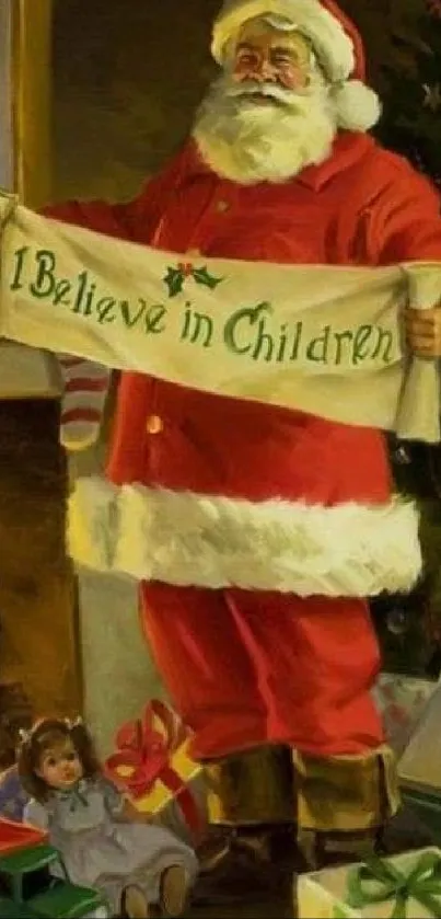 Santa Claus holding a banner by the Christmas tree with gifts and a fireplace.