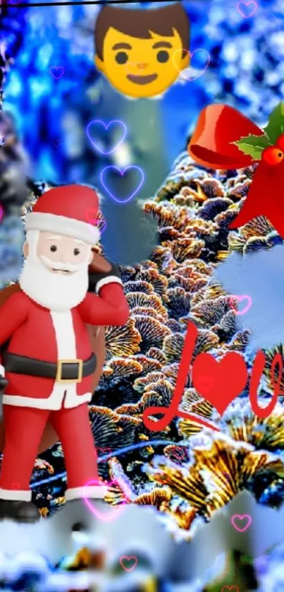 Festive holiday wallpaper with Santa and decorations in vibrant colors.