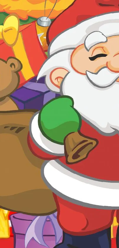 Cartoon Santa with gifts in colorful holiday theme.