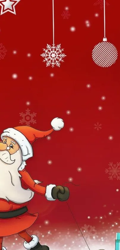 Vibrant red wallpaper with Santa Claus and gifts.