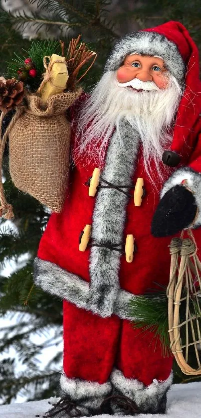 Santa Claus figure in red suit with Christmas decorations.