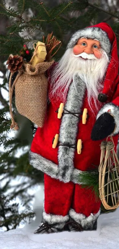 Santa Claus in red suit with greenery and snow, festive wallpaper.
