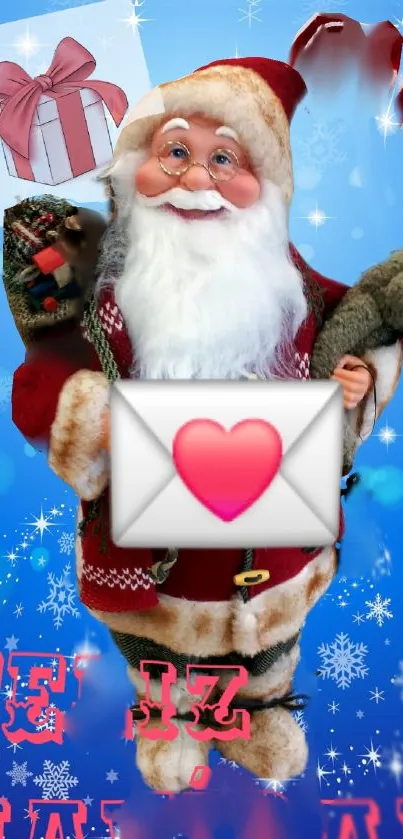 Santa Claus with gifts on a festive wallpaper.