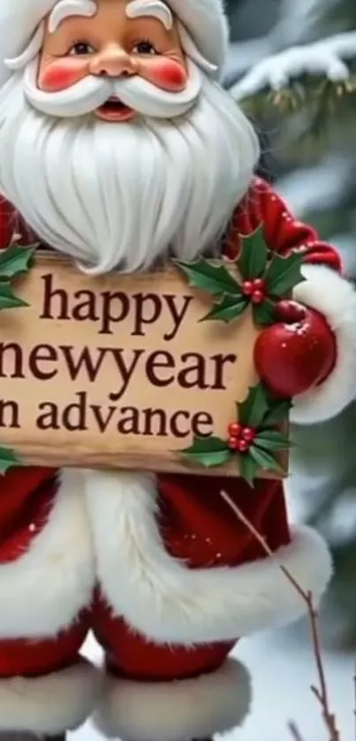 Santa Claus holding a festive New Year sign in a wintry setting.