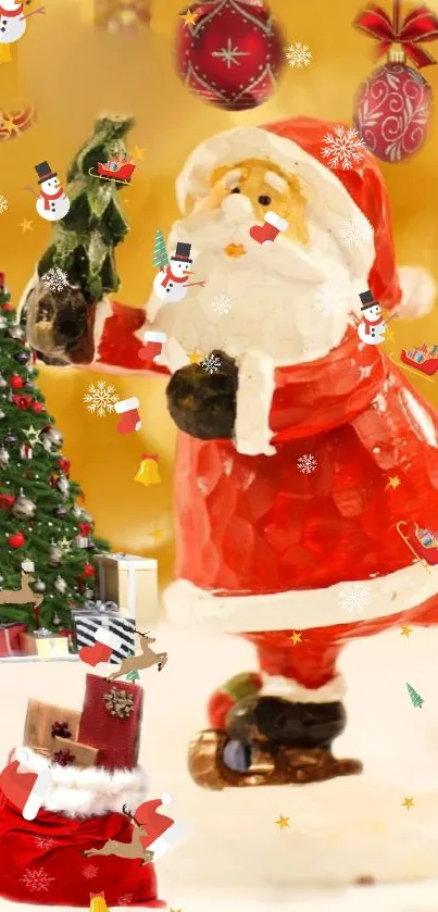 Santa Claus holiday wallpaper with gifts and Christmas tree.