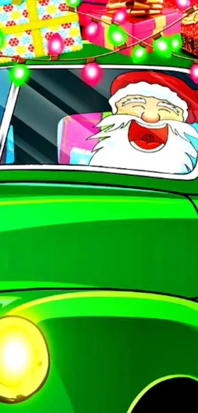 Santa driving a green truck with gifts and festive lights on top.