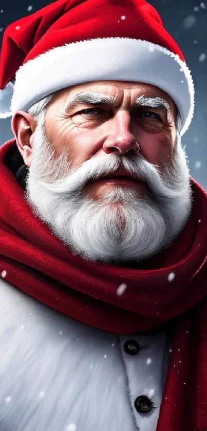 Santa Claus in red, snowy background mobile wallpaper.