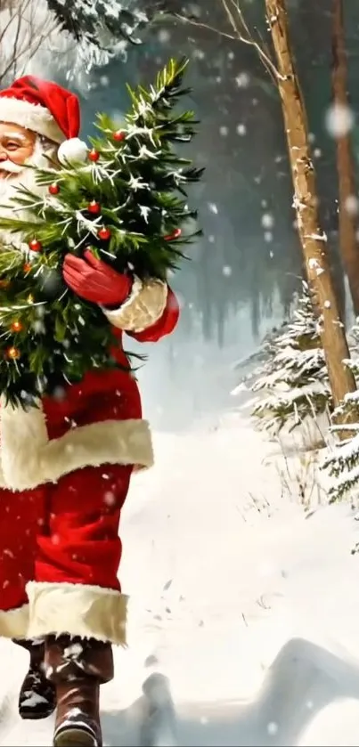 Santa Claus joyfully carries a tree in a snowy forest.