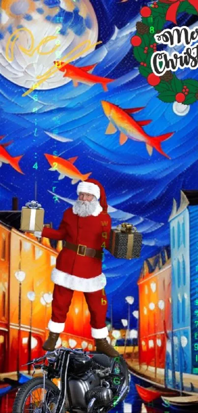 Santa with gifts in a vibrant, festive cityscape under a starry night sky.