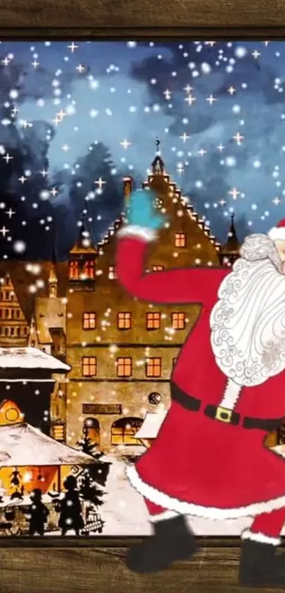 Santa dancing in snowy festive town wallpaper.