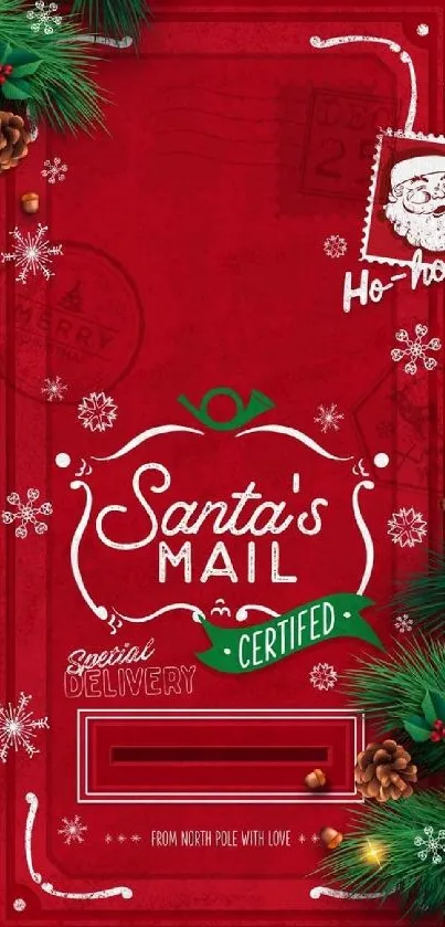 Santa's Mail holiday wallpaper with festive red and green design.