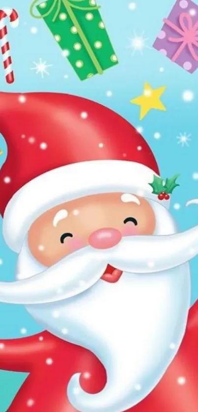 Cartoon Santa with gifts and snowflakes on a light blue background.