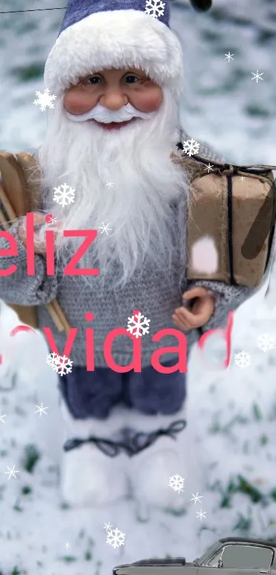 Festive Santa mobile wallpaper with snow and gifts.