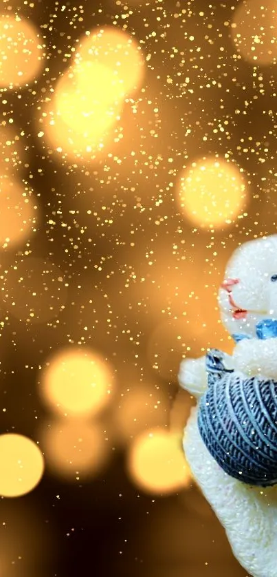Santa Claus in blue suit with warm bokeh lights background.
