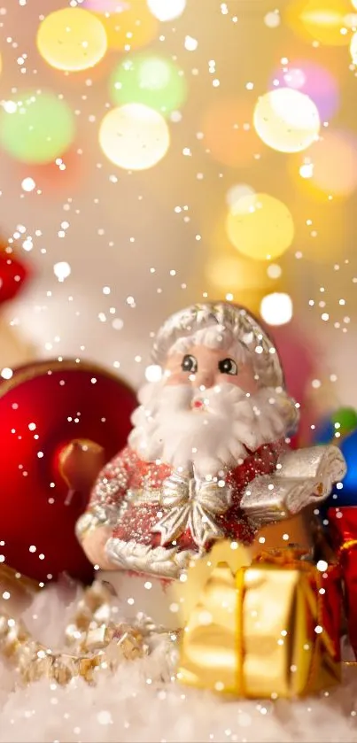 Santa figurine with Christmas ornaments and bokeh lights.