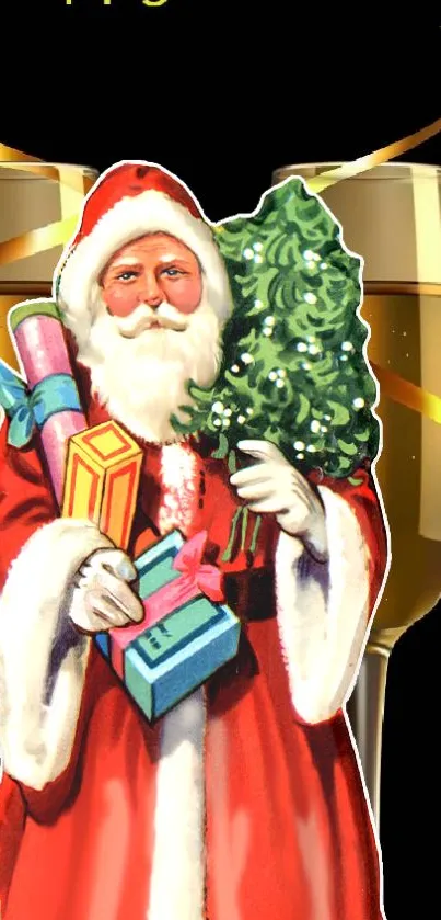 Santa holding gifts with a festive background.