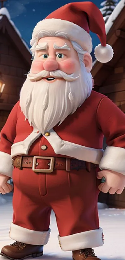 Animated Santa Claus in winter scene with cabins and snow.