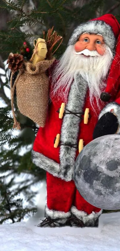 Santa Claus in red suit with moon and snowy background.