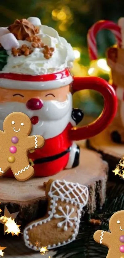 Festive Santa mug with gingerbread cookies and lights.