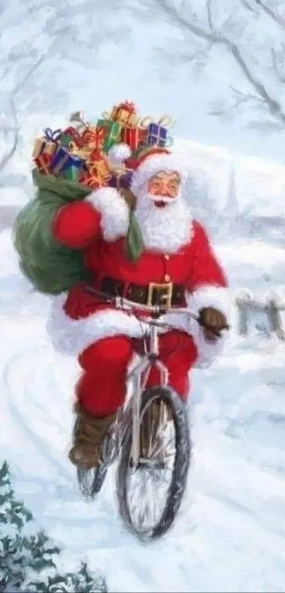 Santa Claus rides a bicycle through a snowy landscape, carrying a sack of gifts.