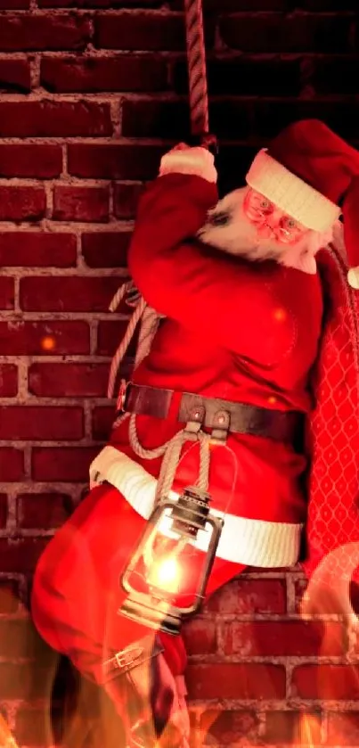 Santa Claus on brick wall with lantern.