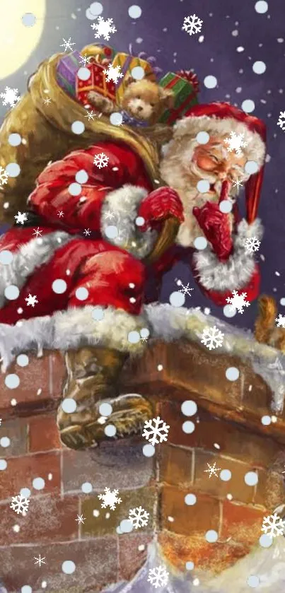 Santa Claus descending chimney with presents in festive snowy scene.