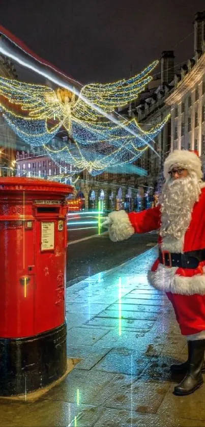 Santa in festive city with holiday lights.