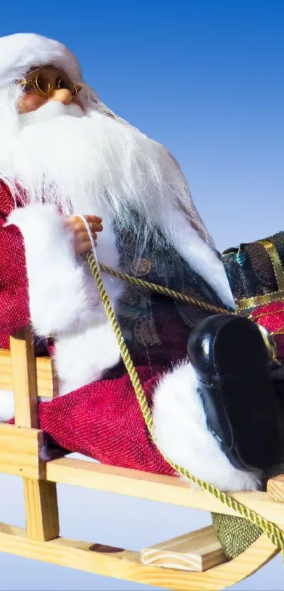 Santa Claus sits on a sleigh with a blue gradient background.