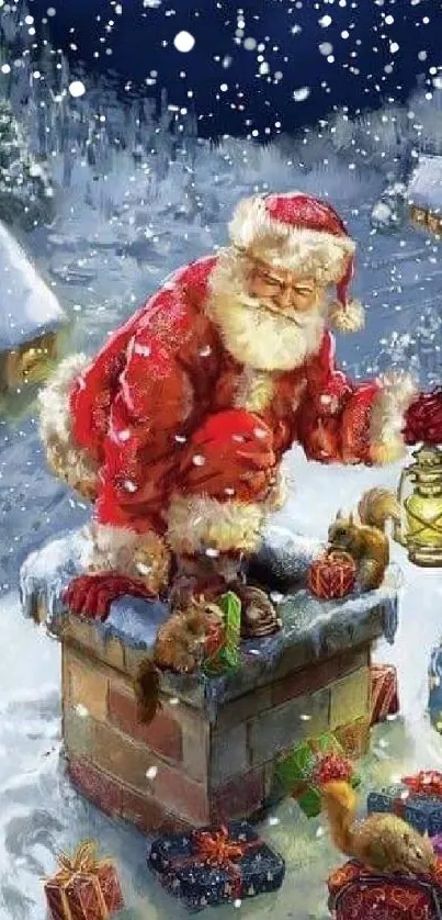 Santa on snowy rooftop delivering gifts in a snowy Christmas night scene.
