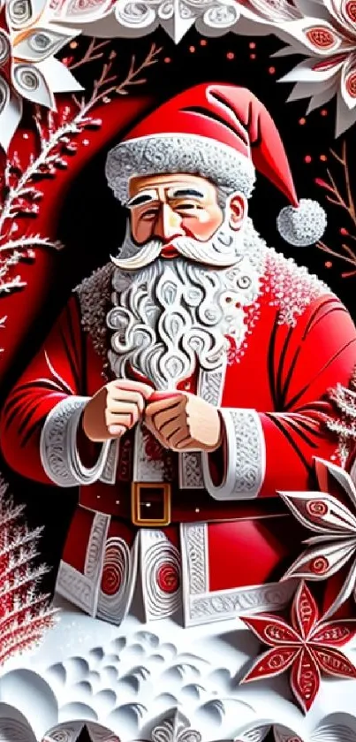 Festive Santa Claus in intricate paper art design.