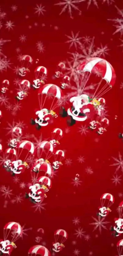 Santa parachuting on a red festive background with snowflakes.