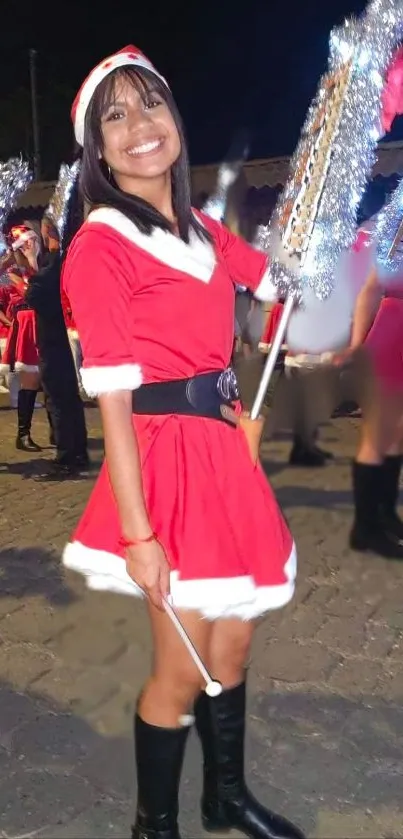 Festive Santa-themed parade with vibrant costumes.