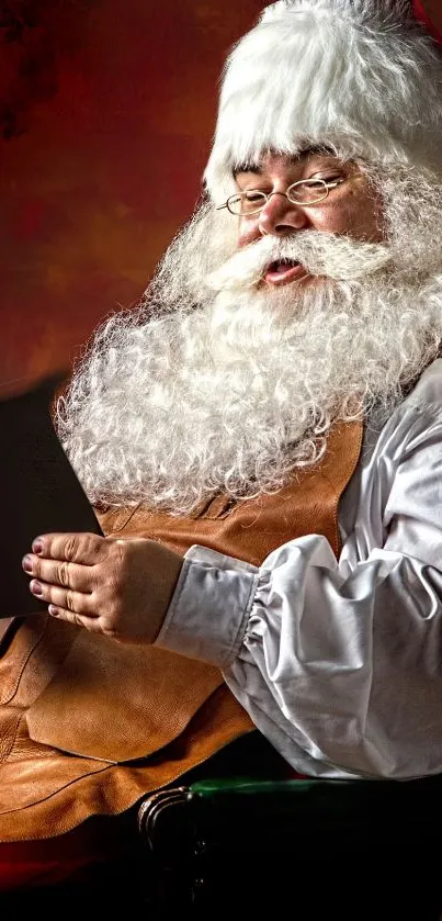 Santa Claus in festive attire reading a letter.