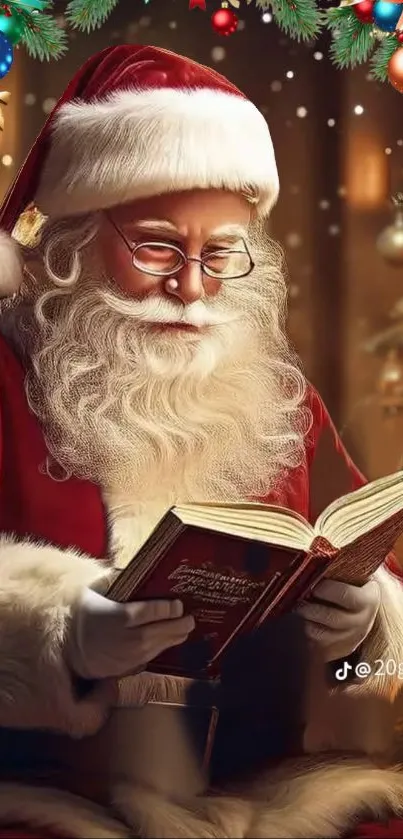 Santa Claus reading book with festive decorations around.