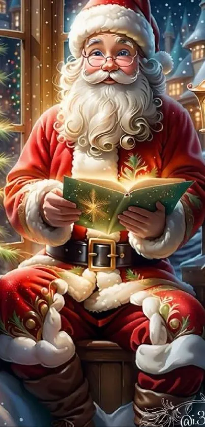 Santa Claus reading a book by candlelight with Christmas decorations.