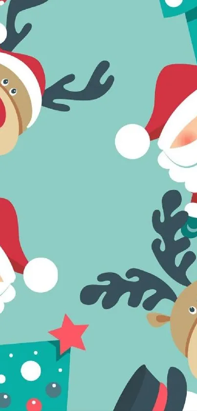 Festive mobile wallpaper with Santa and reindeer on teal background.