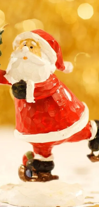 Santa Claus skating against a festive gold background.