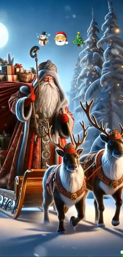 Santa Claus with reindeer on a moonlit snowy night