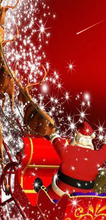 Santa on sleigh with reindeer and stars on a red background.