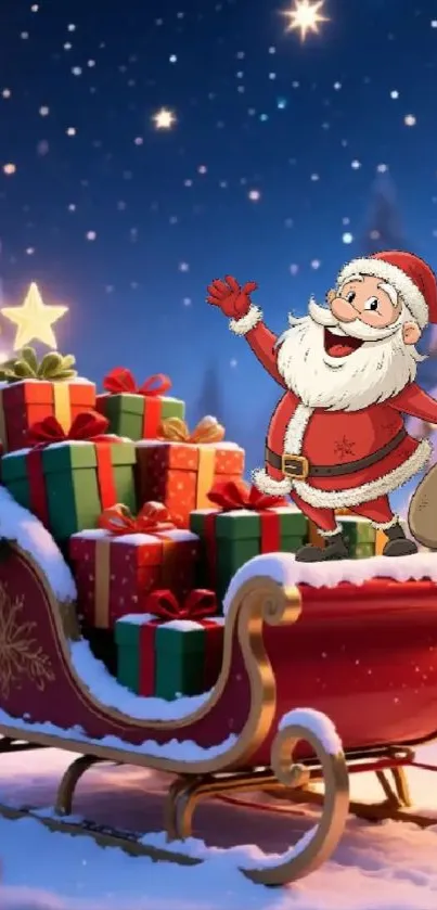 Santa Claus in sleigh with gifts and stars in a festive snowy night scene.