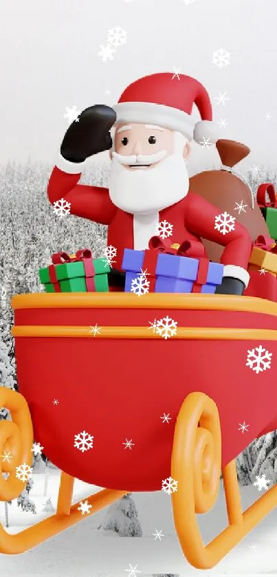 Santa in red sleigh with gifts in snowy forest.