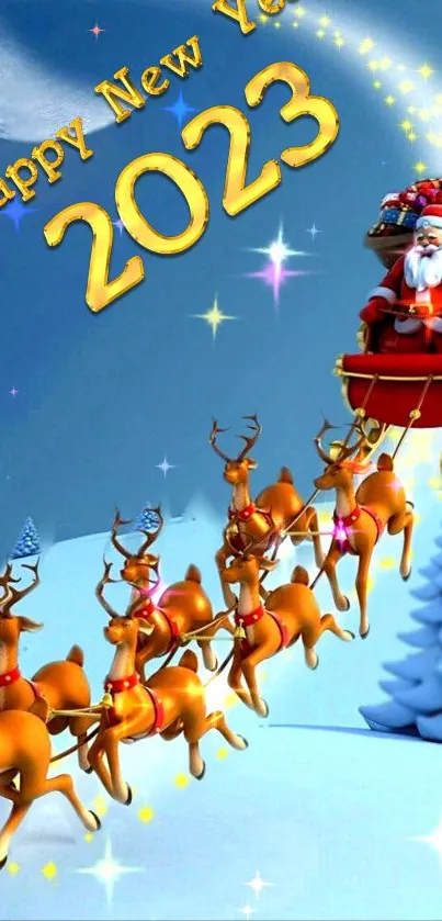 Vibrant wallpaper of Santa Claus flying in his sleigh with reindeer for New Year 2023.