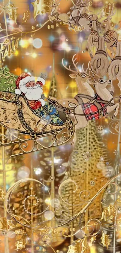 Santa in a sleigh with reindeer, festive gold background.