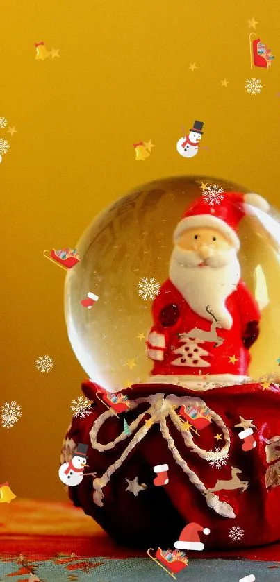 Santa snow globe on festive yellow background wallpaper.