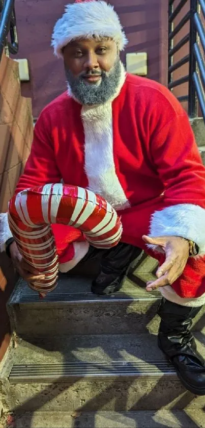 Smiling Santa figure sitting on stairs with a candy cane.